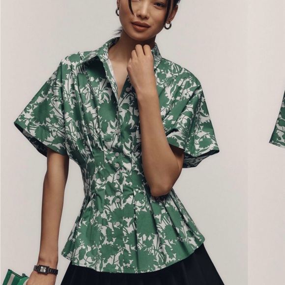 Exquise Tobie Short Sleeve Green & White Floral Pleated Blouse Size XXS - Picture 5 of 8